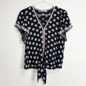 Max Studio Shirt Womens Small Black Vneck Patterned Short Sleeve Tie Front